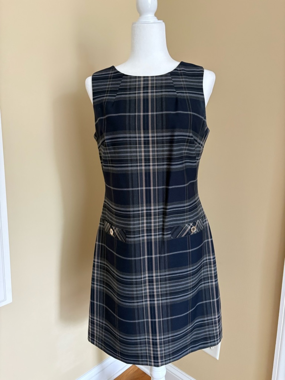 Tommy Hilfiger Navy and Cream Plaid Sleeveless Mini Dress